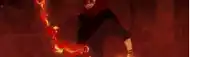 a man is standing in the middle of a fire surrounded by flames .
