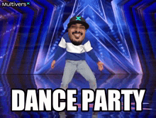 a man is dancing on a stage with the words dance party behind him