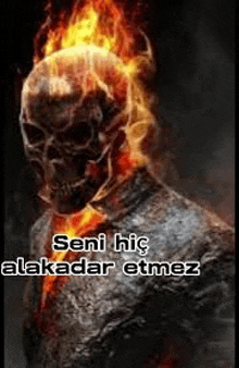 a ghost rider with flames coming out of his head is standing in the dark .