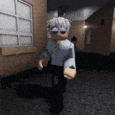 a cartoon character wearing sunglasses is walking down a hallway with a window in the background