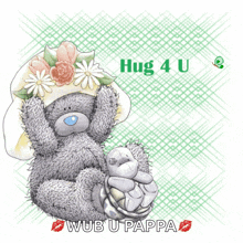 a teddy bear wearing a hat with flowers on it says hug 4 u