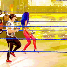a woman with blue hair is in a wrestling ring holding a microphone