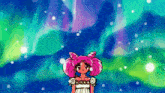 a little girl with pink hair is standing in front of a colorful aurora borealis