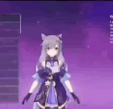 a girl in a purple dress is standing in front of a purple background in a video game .
