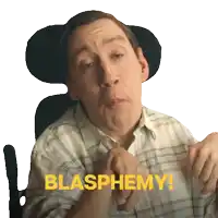 a man in a plaid shirt has the word blasphemy written on his face