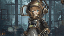 a girl wearing a helmet and headphones stands in front of a glass wall