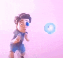 a cartoon character is standing in front of a pink wall and holding a blue object .
