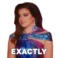 a woman in a purple and blue dress has the word exactly written on her face
