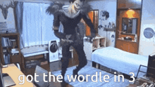 a person in a clown costume is dancing in a bedroom with the words `` got the wordle in 3 '' .