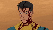 a cartoon character with blood on his face and neck