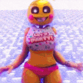 chica from five nights at freddy 's is wearing a pink bikini and a crop top that says go party .