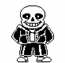 a black and white pixel art of sans from undertale standing on a white background .
