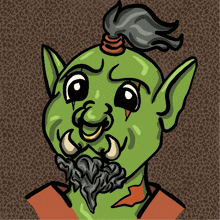 a cartoon drawing of a green goblin with a beard and horns