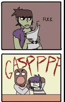 a cartoon of a girl holding a piece of paper with the words " fuck " written on it