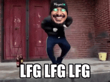 a man wearing a blizzard hat is dancing in front of a brick wall