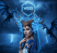 a woman with blue hair is surrounded by blue dragons and a neon sign that says wd33
