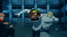 a group of anime characters are standing in front of a building with a circle in the middle that says link