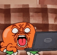 a cartoon character is screaming while holding a laptop with an hp logo on it
