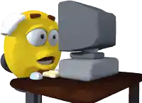 a cartoon character is sitting at a desk looking at a computer screen