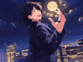 a man in a suit holds a full moon in his hand