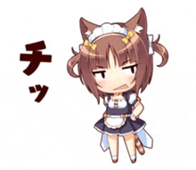 a little girl with cat ears is wearing a maid outfit and has an angry look on her face .