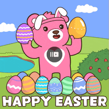 a pink teddy bear with bunny ears is holding an easter egg in front of easter eggs