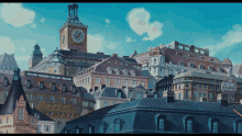 a painting of a city with a clock tower and a sign that says ' heart & soul 's '