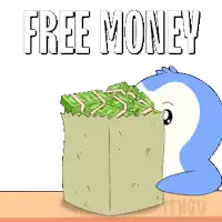 a penguin is standing next to a bag of money that says free money on it