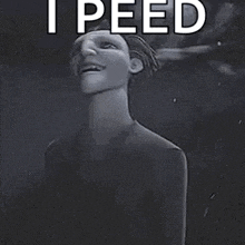 a black and white photo of a cartoon character with the words `` i peed finally '' .
