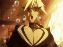a cartoon character with huge breasts is surrounded by bubbles .