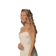 a woman in a white dress stands with her hands on her hips and her eyes closed