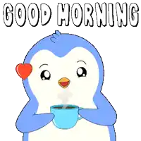 a penguin is holding a cup of coffee and the words good morning are above him