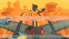 a cartoon drawing of a robot standing in the middle of a desert .