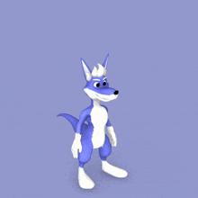 a blue and white cartoon character is standing on a blue background