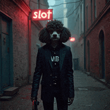 a man with a poodle 's head is standing in front of a neon sign that says slot