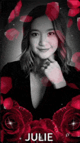 a black and white photo of a woman with the name julie