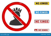 a no kings sign with a crown in a red circle .