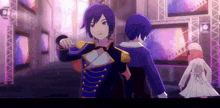 a couple of anime characters are standing next to each other .