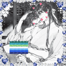 a black and white drawing of two people with hearts on their faces and a picture of a flag that says picmix on it