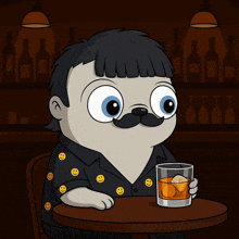 a cartoon dog with a mustache is sitting at a table drinking a glass of whiskey