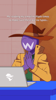 a cartoon of a wizard sitting in front of a laptop with a w on his face