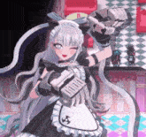 a girl in a maid outfit holding a gun