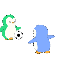 two penguins are playing with a soccer ball and one is green and the other is blue