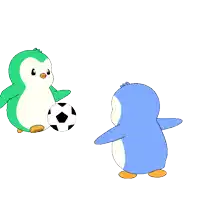two penguins are playing with a soccer ball and one is green and the other is blue