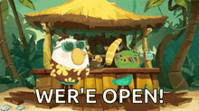 a cartoon says we 're open in front of a hut