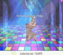 a frog is dancing on a disco floor with yona hanjooni in the background