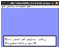 a screenshot of a pokemon game that says the internal battery has run dry