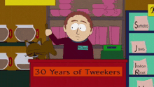 a cartoon of a man holding a cat and a sign that says 30 years of tweekers