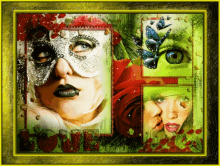 a painting of a woman wearing a mask with the word love in the corner