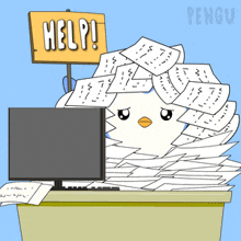 a penguin is sitting at a desk with a sign that says help on it